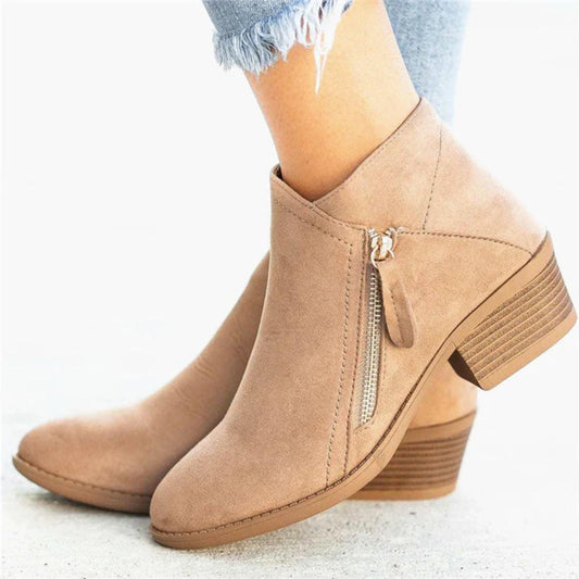 Suede Ankle Booties | Low Block Heel | Side Zip Casual Boots