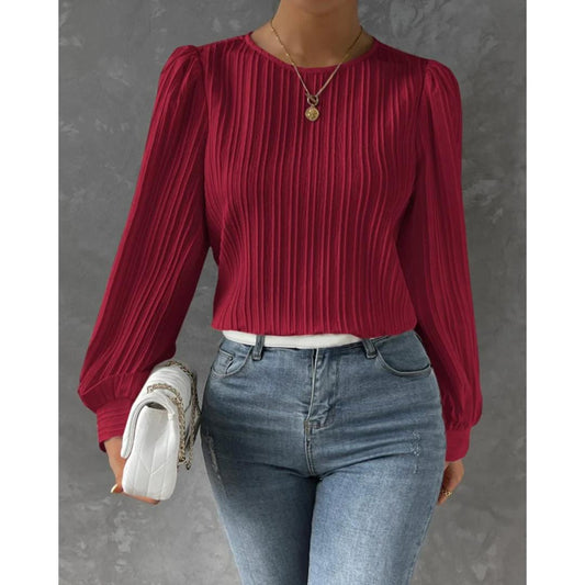 Pleated Long Sleeve Blouse | Lightweight Woven Fabric | Elegant Fit