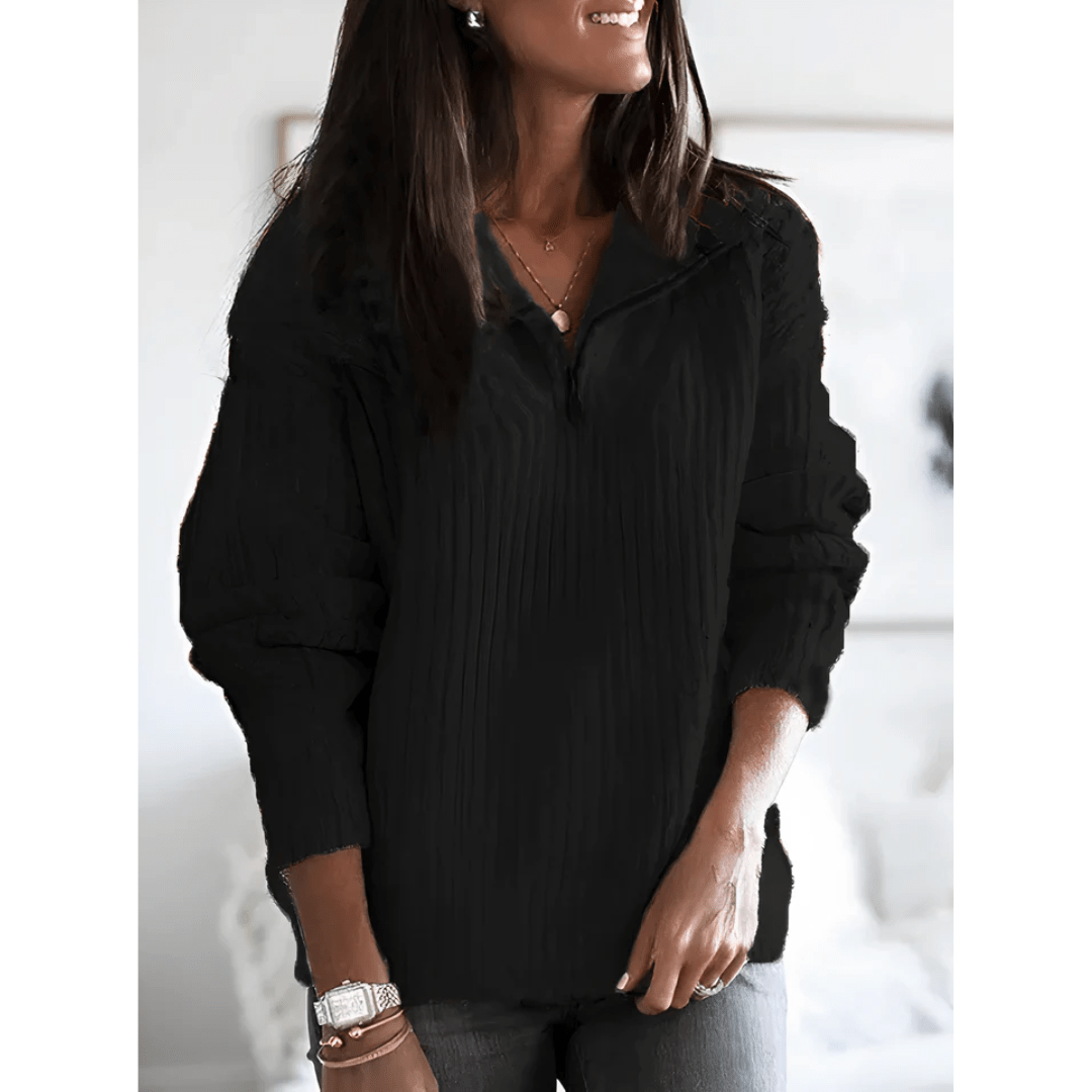 Ribbed Zip Collar Pullover Top | Casual Everyday Knitwear for Women