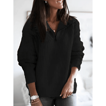 Ribbed Zip Collar Pullover Top | Casual Everyday Knitwear for Women