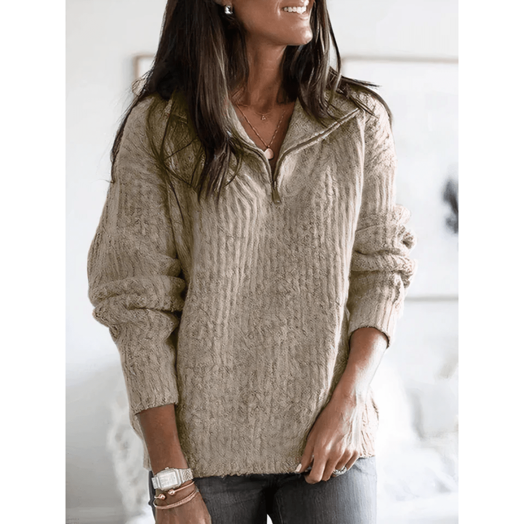 Ribbed Zip Collar Pullover Top | Casual Everyday Knitwear for Women