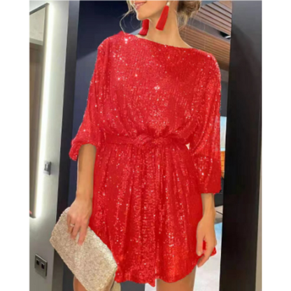 Women’s Metallic Sequin Mini Dress | Long Sleeve Party Dress | Sparkle Fit-and-Flare Night Out Look