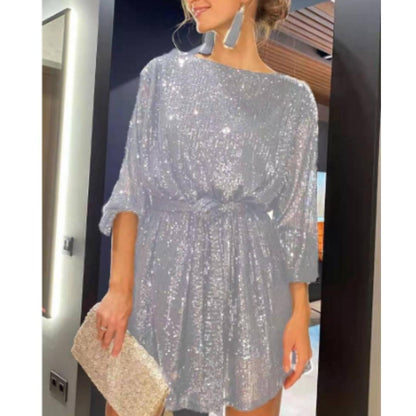 Women’s Metallic Sequin Mini Dress | Long Sleeve Party Dress | Sparkle Fit-and-Flare Night Out Look