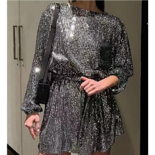 Women’s Metallic Sequin Mini Dress | Long Sleeve Party Dress | Sparkle Fit-and-Flare Night Out Look