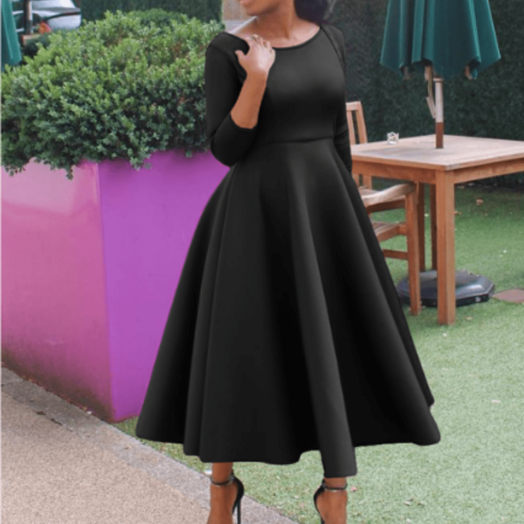 Tea-Length Dress | 3/4 Sleeve | Satin Fit-and-Flare Silhouette