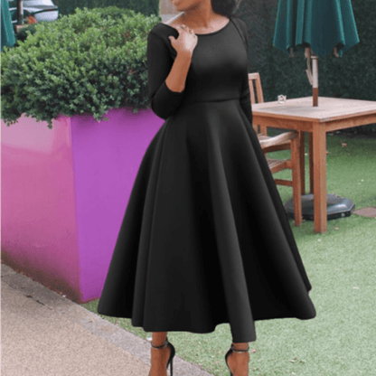 Tea-Length Dress | 3/4 Sleeve | Satin Fit-and-Flare Silhouette