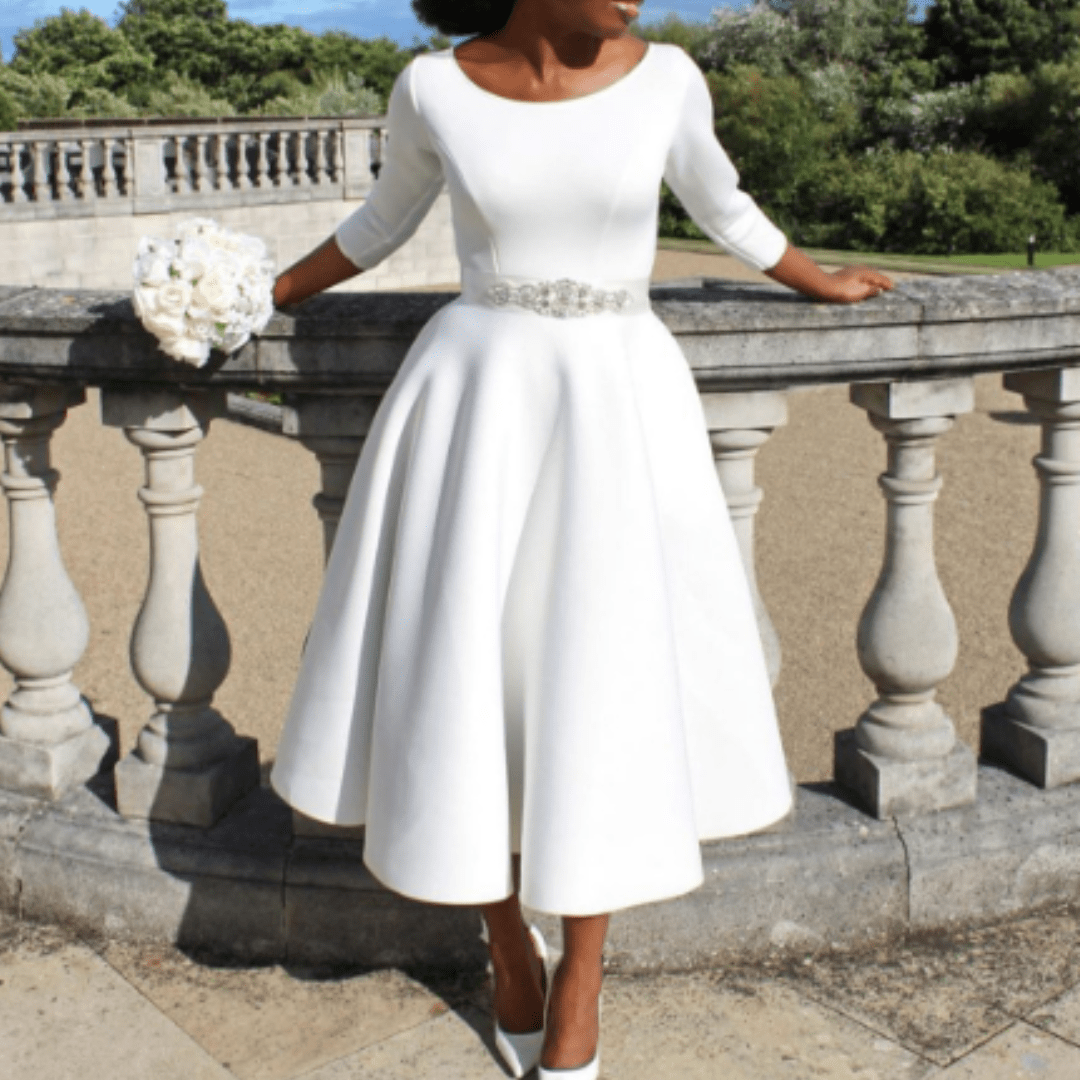 Tea-Length Dress | 3/4 Sleeve | Satin Fit-and-Flare Silhouette