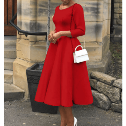 Tea-Length Dress | 3/4 Sleeve | Satin Fit-and-Flare Silhouette