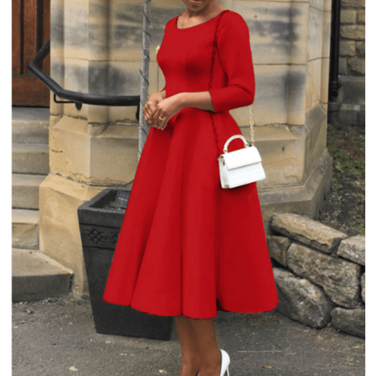 Tea-Length Dress | 3/4 Sleeve | Satin Fit-and-Flare Silhouette