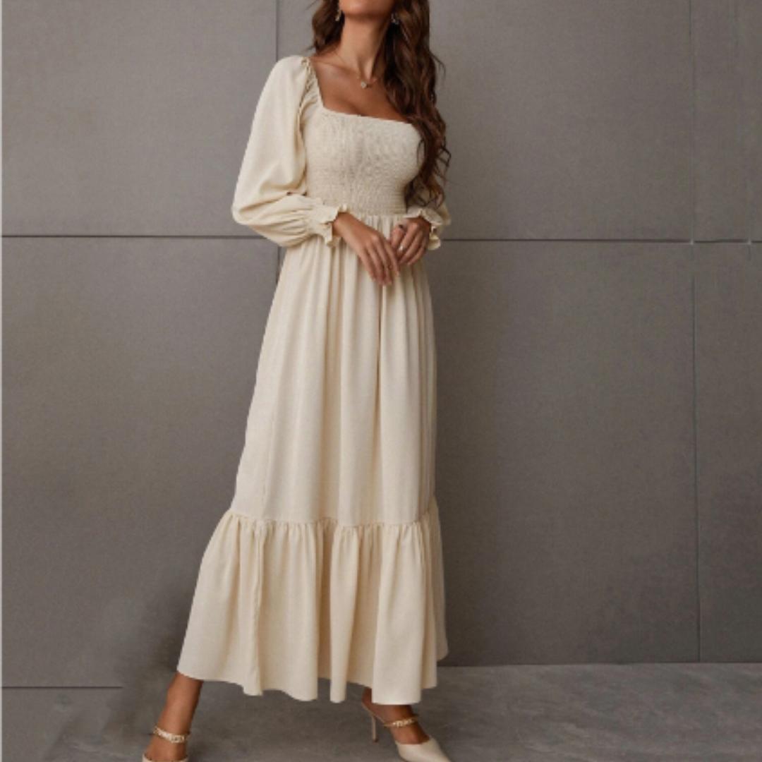 Women's Smocked Bodice Midi Dress | Long Sleeve Square Neck | Elegant Fall Outfit