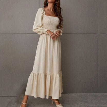 Women's Smocked Bodice Midi Dress | Long Sleeve Square Neck | Elegant Fall Outfit