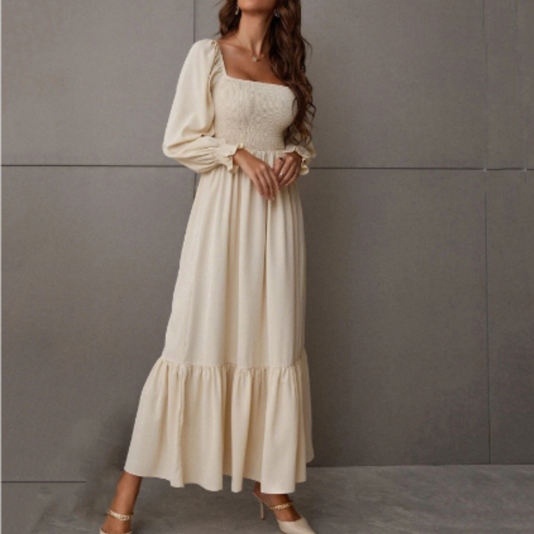 Women's Smocked Bodice Midi Dress | Long Sleeve Square Neck | Elegant Fall Outfit