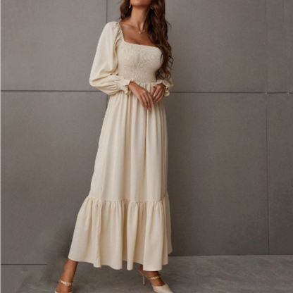 Women's Smocked Bodice Midi Dress | Long Sleeve Square Neck | Elegant Fall Outfit