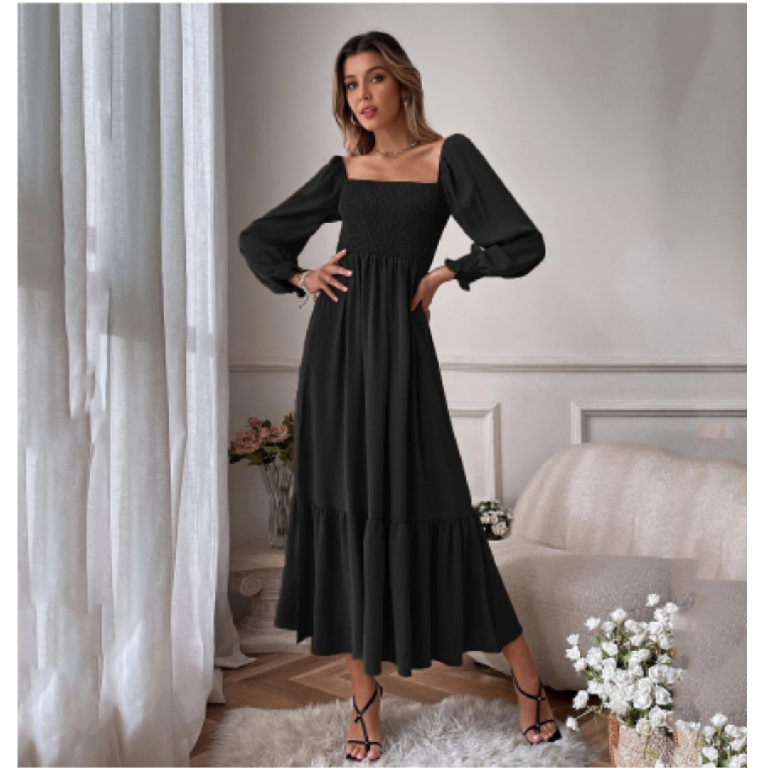 Women's Smocked Bodice Midi Dress | Long Sleeve Square Neck | Elegant Fall Outfit