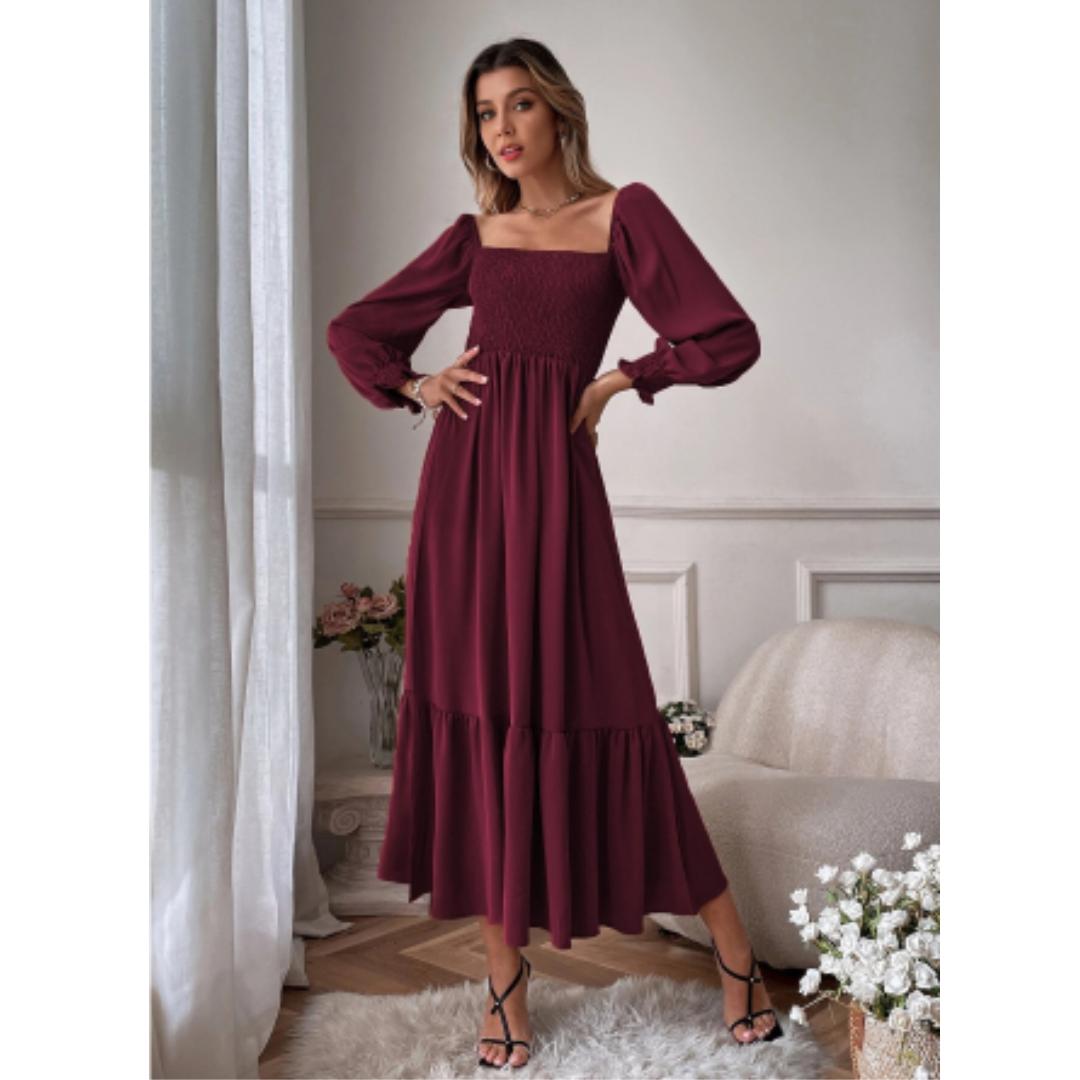 Women's Smocked Bodice Midi Dress | Long Sleeve Square Neck | Elegant Fall Outfit