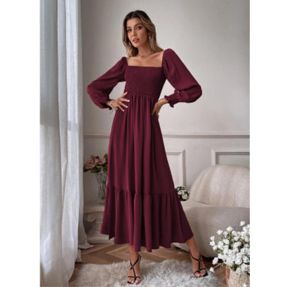 Women's Smocked Bodice Midi Dress | Long Sleeve Square Neck | Elegant Fall Outfit