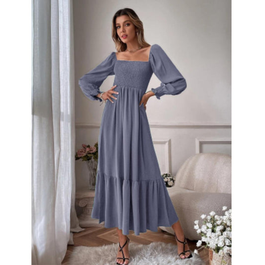 Women's Smocked Bodice Midi Dress | Long Sleeve Square Neck | Elegant Fall Outfit