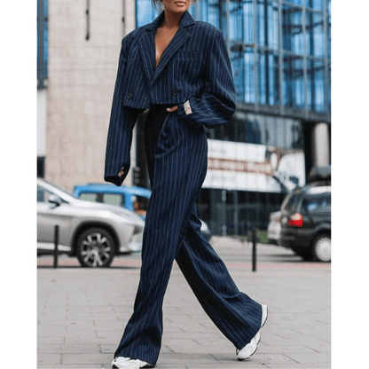 Pinstripe Cropped Blazer & Wide-Leg Pant Set | Power Suit Look | Street Style Ready