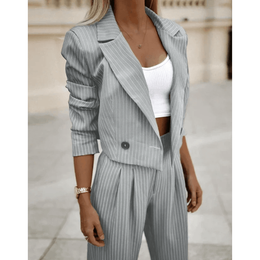 Pinstripe Cropped Blazer & Wide-Leg Pant Set | Power Suit Look | Street Style Ready