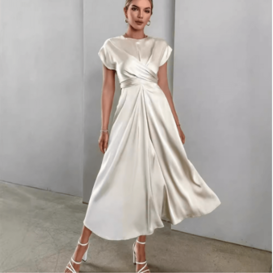 Draped Satin Midi Dress | Twisted Waist Detail | Cap Sleeve Silhouette