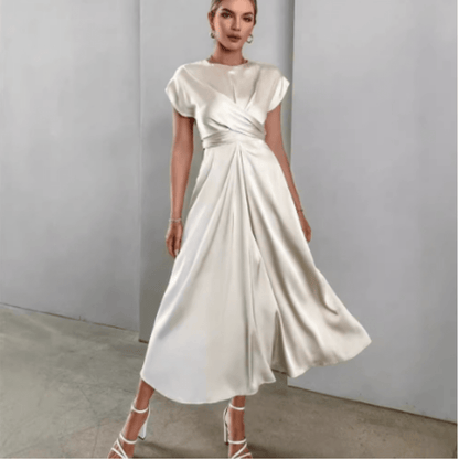 Draped Satin Midi Dress | Twisted Waist Detail | Cap Sleeve Silhouette
