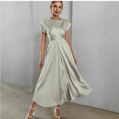 Draped Satin Midi Dress | Twisted Waist Detail | Cap Sleeve Silhouette