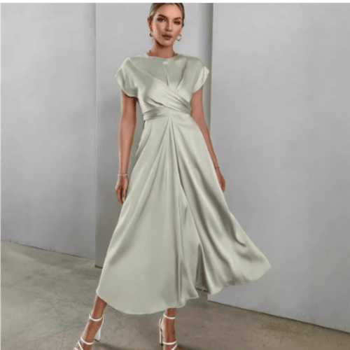 Draped Satin Midi Dress | Twisted Waist Detail | Cap Sleeve Silhouette