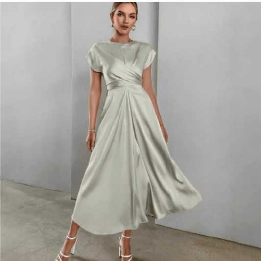 Draped Satin Midi Dress | Twisted Waist Detail | Cap Sleeve Silhouette