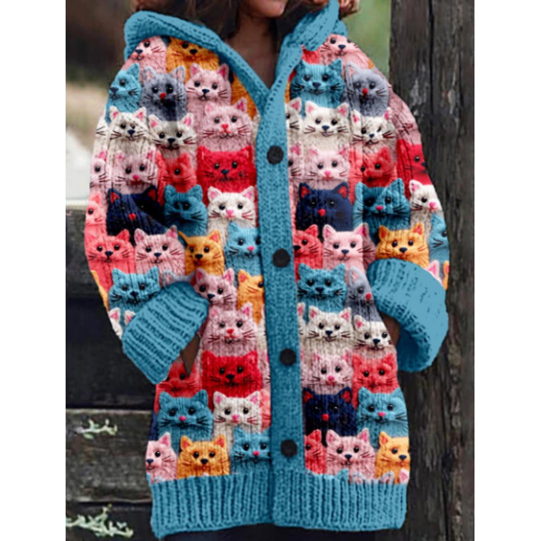 Knit Cat Print Hoodie Cardigan | Button-Front with Pockets | Whimsical Warm Layer