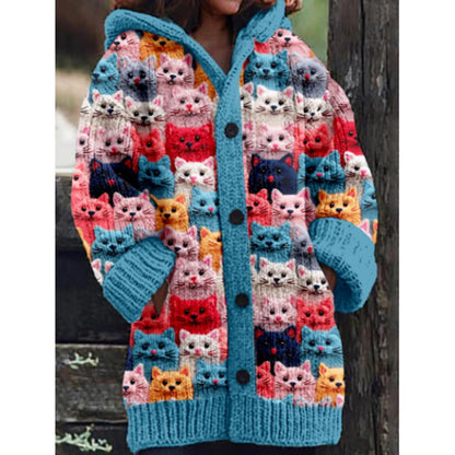 Knit Cat Print Hoodie Cardigan | Button-Front with Pockets | Whimsical Warm Layer