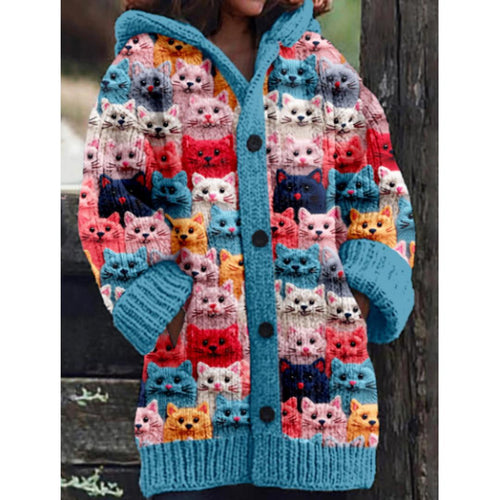 Knit Cat Print Hoodie Cardigan | Button-Front with Pockets | Whimsical Warm Layer