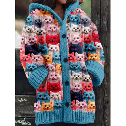 Knit Cat Print Hoodie Cardigan | Button-Front with Pockets | Whimsical Warm Layer