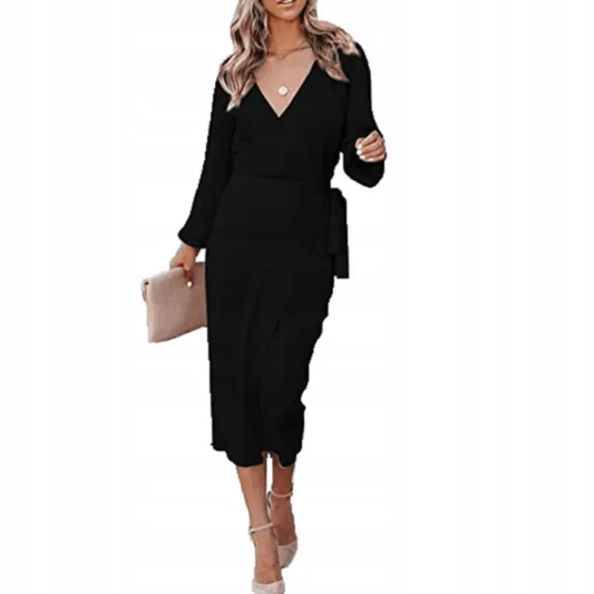 Wrap-Style Midi Dress | Long Sleeve | Elegant Belted Fit