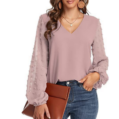 V-Neck Chiffon Blouse | Swiss Dot Sleeves with Ruffle Cuffs | Elegant Fall Top