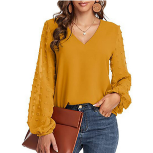 V-Neck Chiffon Blouse | Swiss Dot Sleeves with Ruffle Cuffs | Elegant Fall Top
