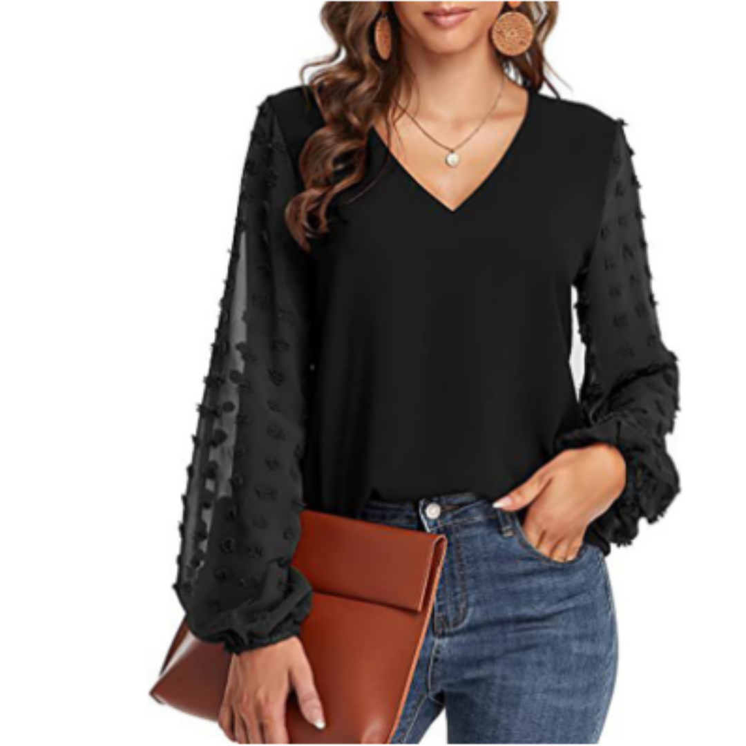 V-Neck Chiffon Blouse | Swiss Dot Sleeves with Ruffle Cuffs | Elegant Fall Top