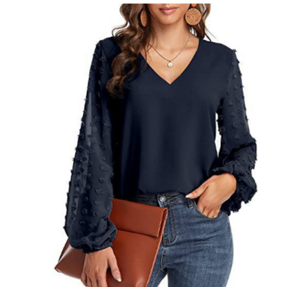 V-Neck Chiffon Blouse | Swiss Dot Sleeves with Ruffle Cuffs | Elegant Fall Top