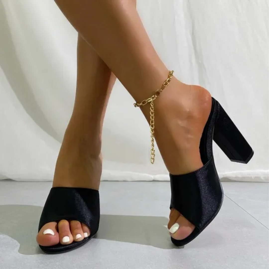 Open-Toe Block Heel Mules | Slip-On Style | Glossy Finish