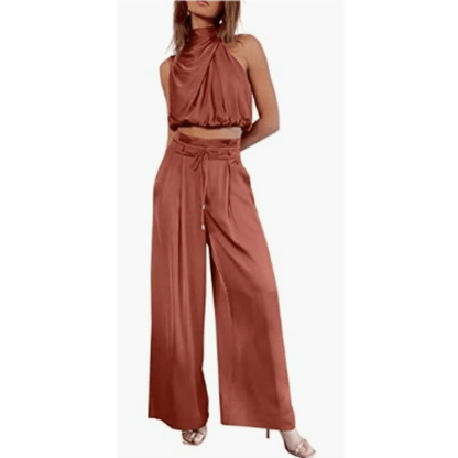 Halter Crop Top & Wide-Leg Pant Set | Satin Feel | Evening Co-Ord