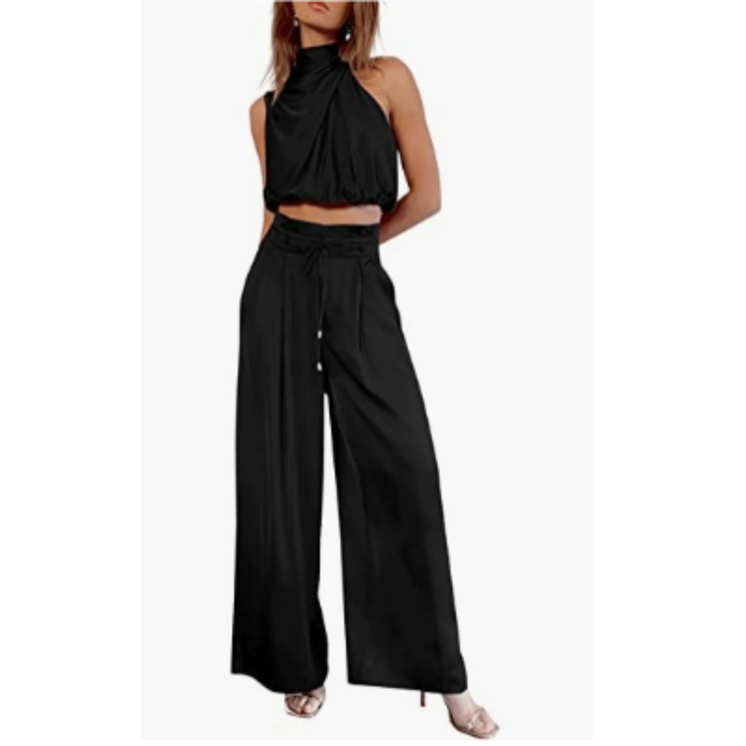 Halter Crop Top & Wide-Leg Pant Set | Satin Feel | Evening Co-Ord