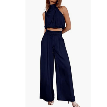 Halter Crop Top & Wide-Leg Pant Set | Satin Feel | Evening Co-Ord