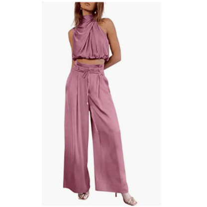 Halter Crop Top & Wide-Leg Pant Set | Satin Feel | Evening Co-Ord