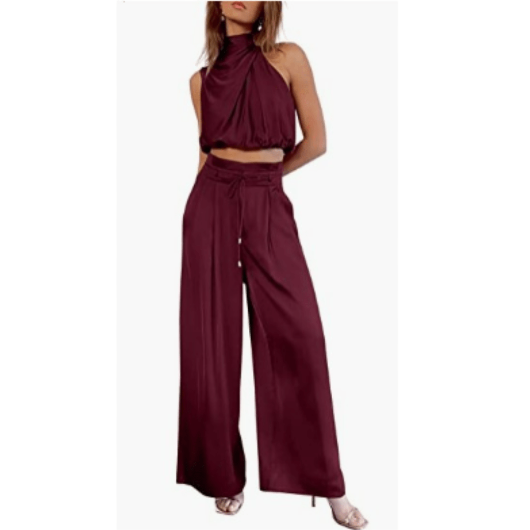 Halter Crop Top & Wide-Leg Pant Set | Satin Feel | Evening Co-Ord