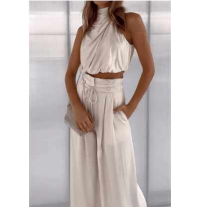 Halter Crop Top & Wide-Leg Pant Set | Satin Feel | Evening Co-Ord