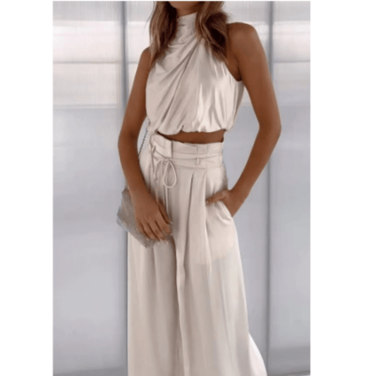 Halter Crop Top & Wide-Leg Pant Set | Satin Feel | Evening Co-Ord
