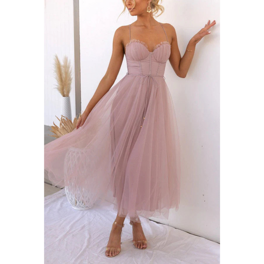Women's Tulle Midi Dress | Spaghetti Strap Corset Bodice | Elegant Black Evening Dress