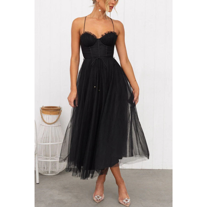 Women's Tulle Midi Dress | Spaghetti Strap Corset Bodice | Elegant Black Evening Dress
