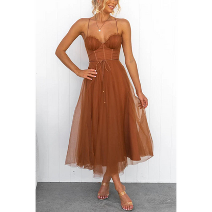 Women's Tulle Midi Dress | Spaghetti Strap Corset Bodice | Elegant Black Evening Dress
