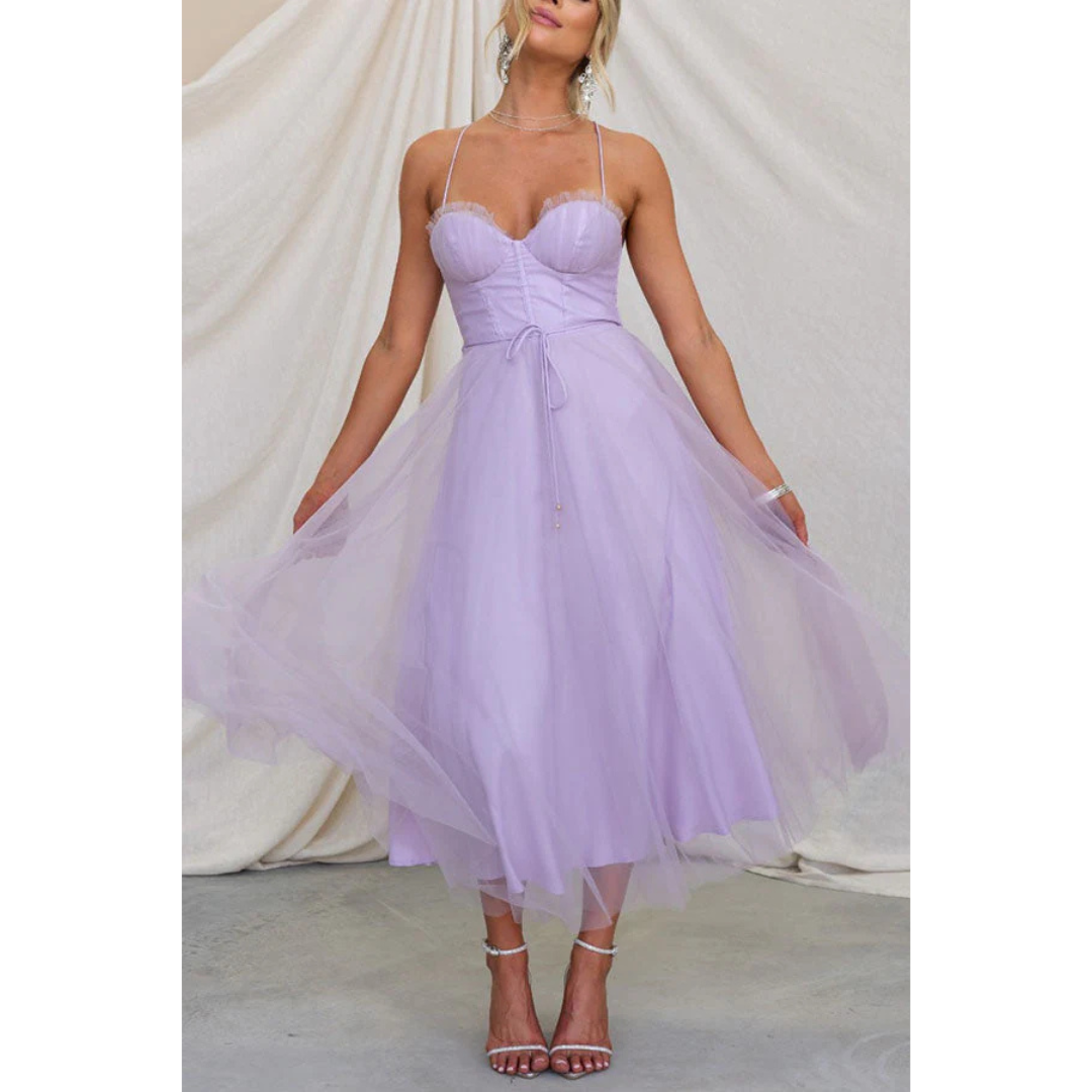 Women's Tulle Midi Dress | Spaghetti Strap Corset Bodice | Elegant Black Evening Dress