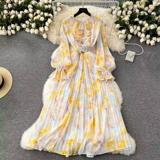 Women's Pleated Floral Maxi Dress | Belted Waist | Elegant Long Sleeve Spring Dress